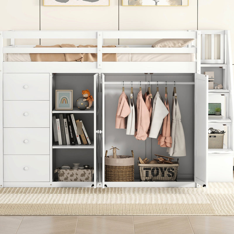 Lit mezzanine blanc moderne avec armoires et tiroirs intégrés - Économisez de l'espace dans votre chambre à coucher