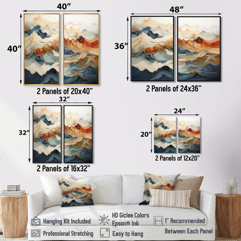 Abstrait orange et bleu, rivière bleue, encre III - art mural moderne sur toile bleue, 36" H x 48" W, Black