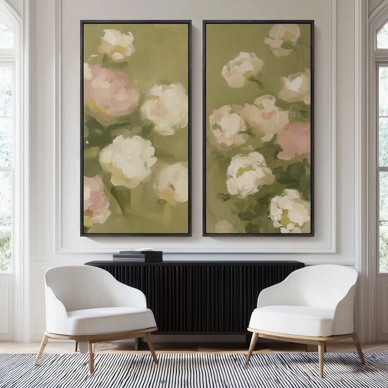 Textures de pivoines impressionnistes texturées en vert pastel - ensemble de 2 reproductions d'art encadrées sur toile 60 po x 20 po x 2 pièces, 60 po x 30 po x 2 pièces