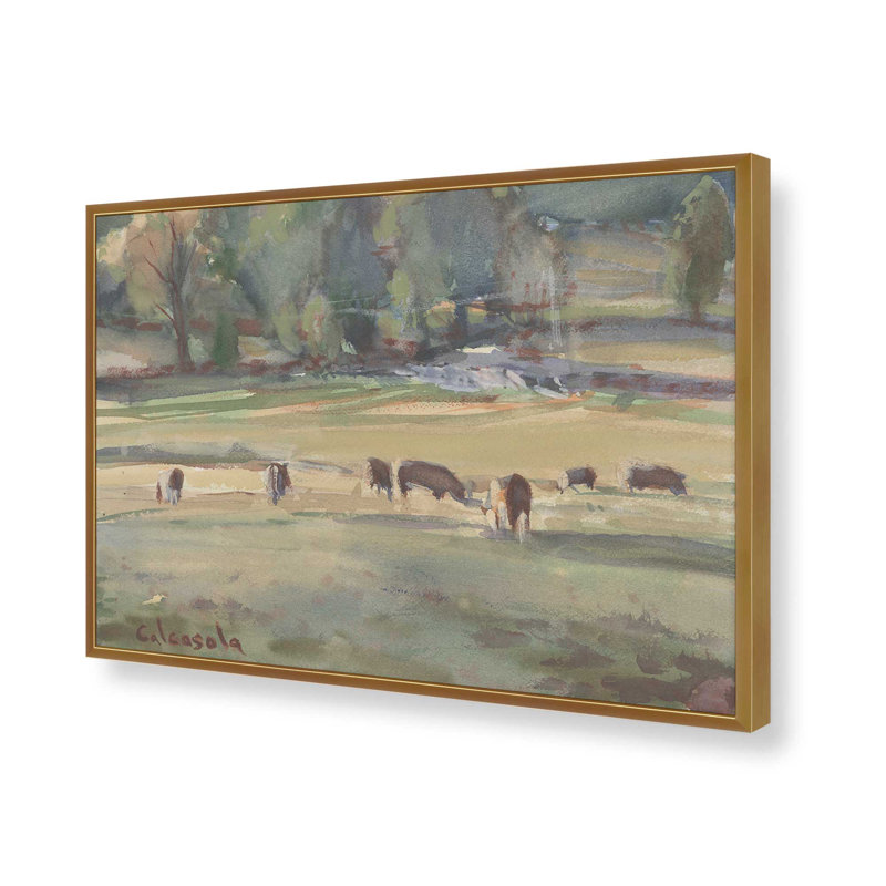 «Grazing Cows» par Stephen Calcasola, reproduction d'art, H 30 po x l 40 po, Impression sur cadre ouvert sans papier mat