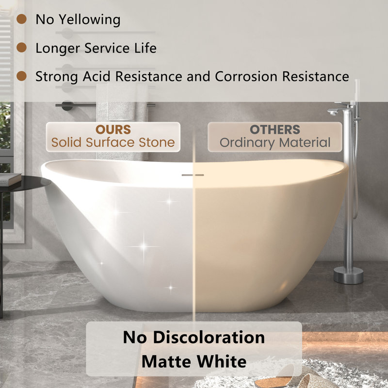 Crescent 56.5"x 32.27" Solid Surface Stone Freestanding Soaking Bathtub