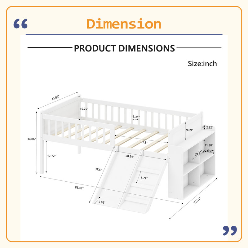 Structure de lit simple avec tablette de rangement, structure de lit en bois avec glissière et échelle, lit plateforme simple avec garde-corps, aucun sommier requis, assemblage facile