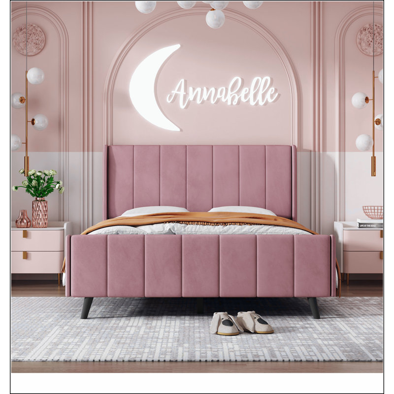 Lit plateforme tapissier, velours, rose