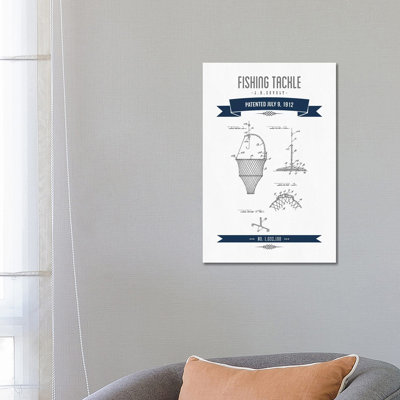 J.H. Zevely Fishing Tackle Patent Sketch Retro (Navy Blue) by Aged Pixel - Wrapped Canvas Gallery-Wrapped Canvas Giclée