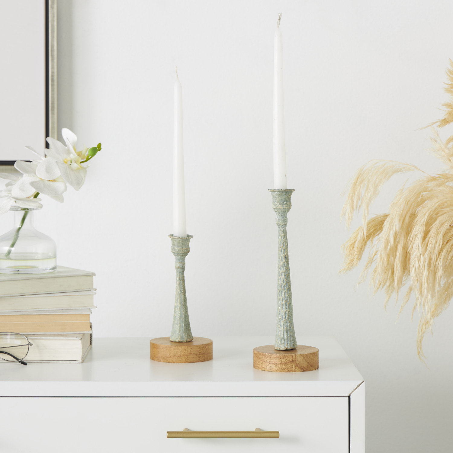 Alia Aluminum Pillar Candle Holder, Light Blue/Brown