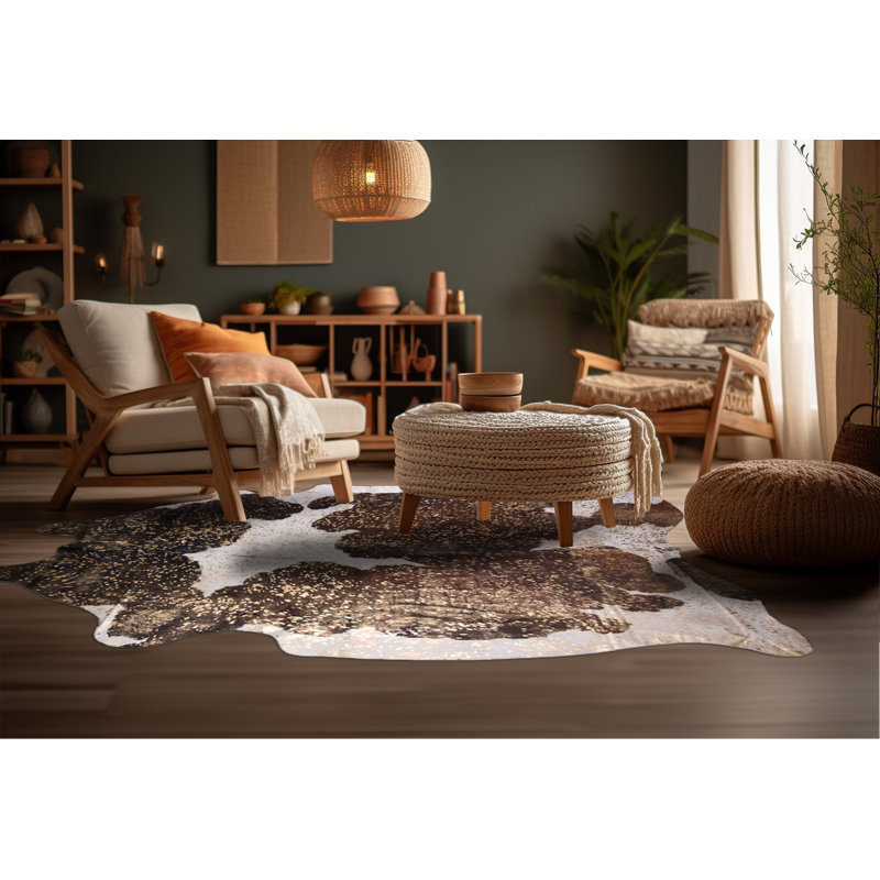 Tapis en cuir de vache tricolore or métallique sur mesure, Nouveauté 6 pi 2 po x 7 pi 4 po