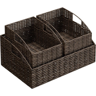 Rattan Storage Baskets, Handwoven Wicker Storage Bins With Built-In Handles, Storage Container Baskets For Shelves, Bedroom, Bathroom, Laundry Room Or Kitchen(Brown)