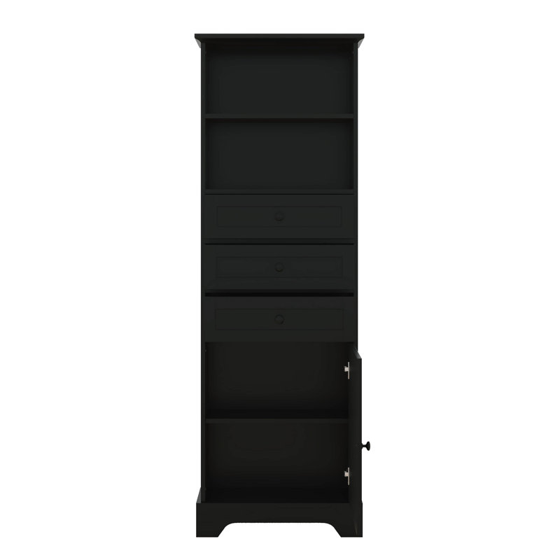 Grande armoire de rangement pour salle de bain avec porte, tiroirs et tablettes de rangement ouvertes, avec tablettes réglables