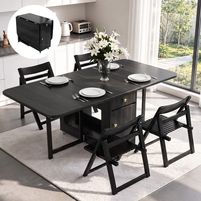 130 Folding Table, 130cm Table & 4 Chairs, Black