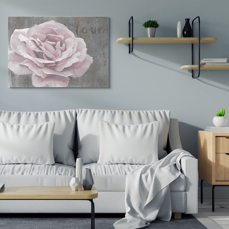 «Love Pink Flower Gray Neutral Peinture», impression sur toile, H 36 po x l 48 po x P 1,5 po, Toile tendue