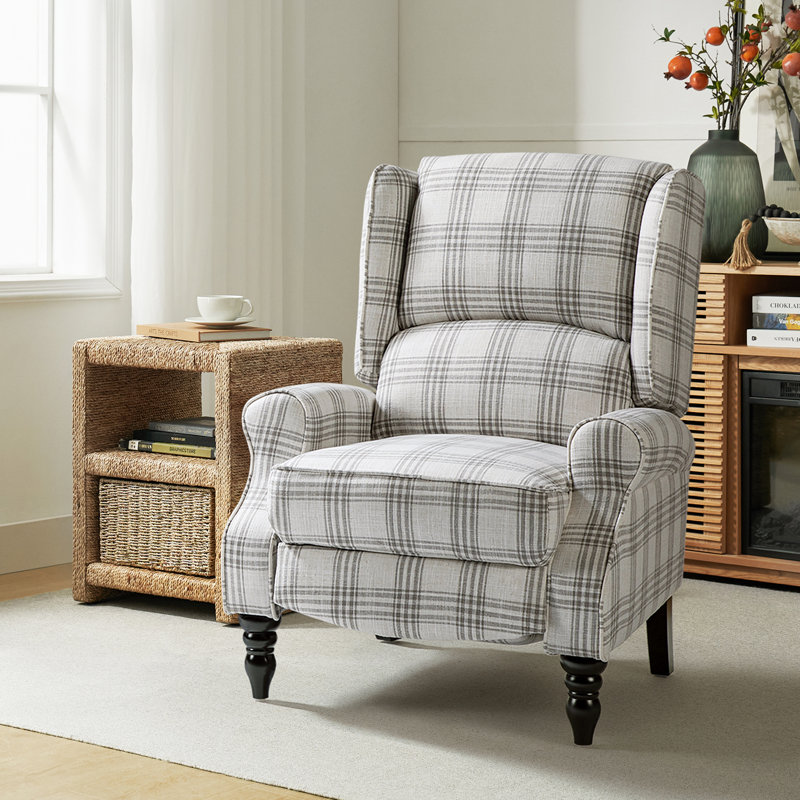 Plaid Gray Wingback Recliner with Manufactured Wood Frame