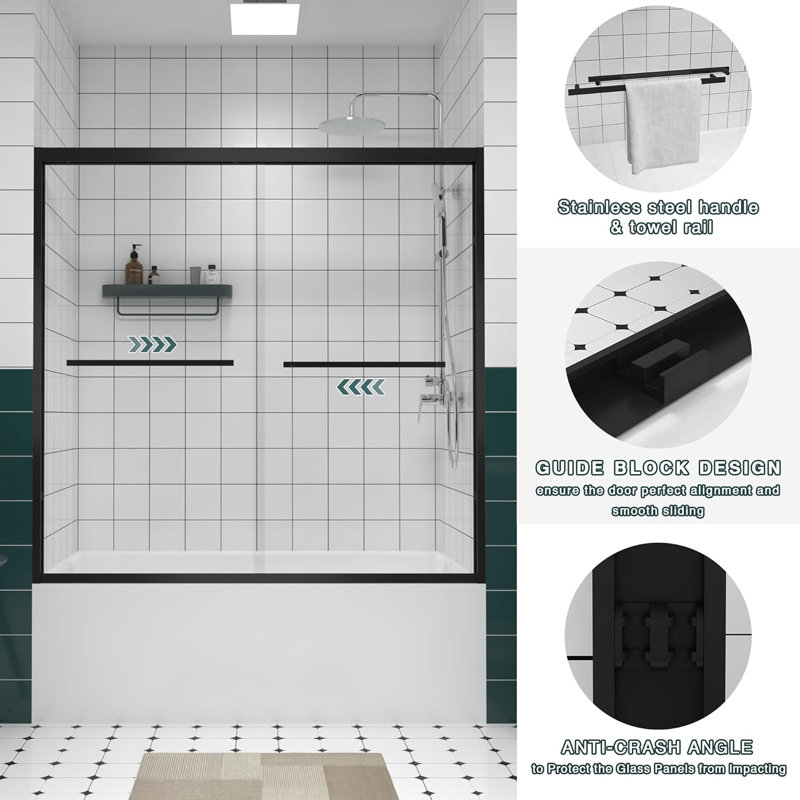 Shower Door, 56-60“ X 58” Aluminum Frame Double Sliding Bathtub Shower Door, Premium 1/4" (6mm) Clear Tempered Glass With Matte Black Finish, Ansi And Sgcc Certified