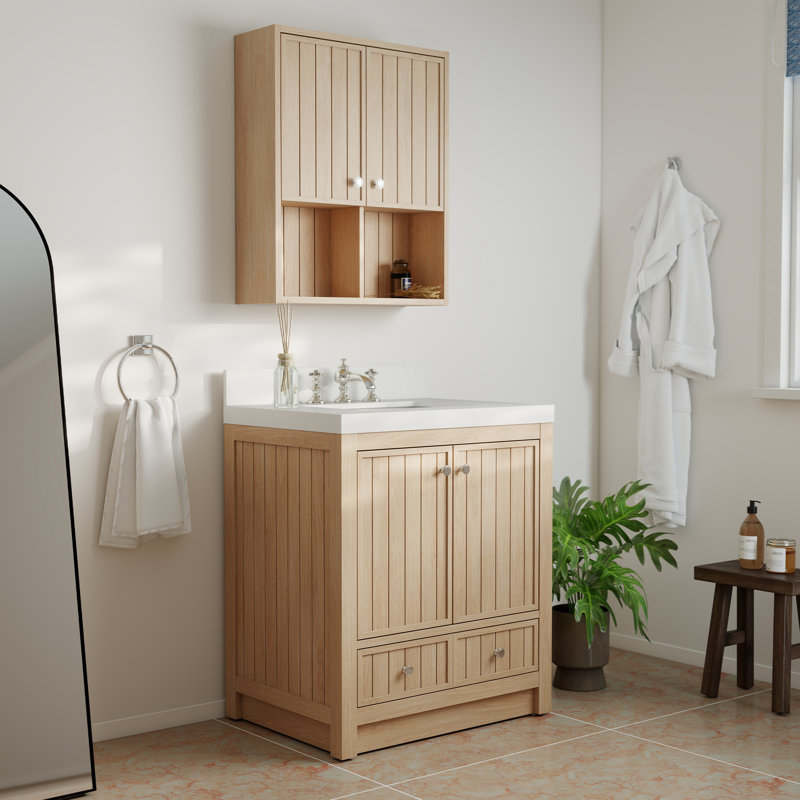 Ensemble de meuble-lavabo 30 po avec comptoir en quartz blanc Thassos et armoire murale assortie, Bois clair