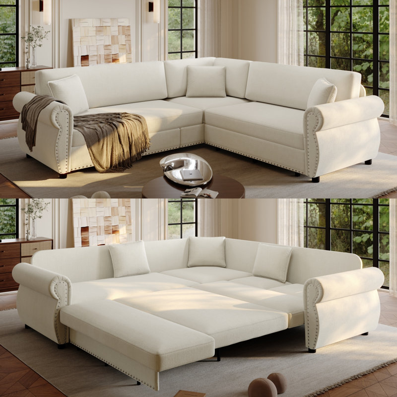 Pull-Out Sofa Bed Sectional,Chenille Modular Sleeper Sectional L Shaped Couch Sofa Bed, Beige