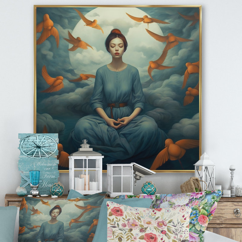 " Mindfulness Gracious Woman Meditation I ", 36" H x 36" W x 1.5" D, Gold Floater Framed