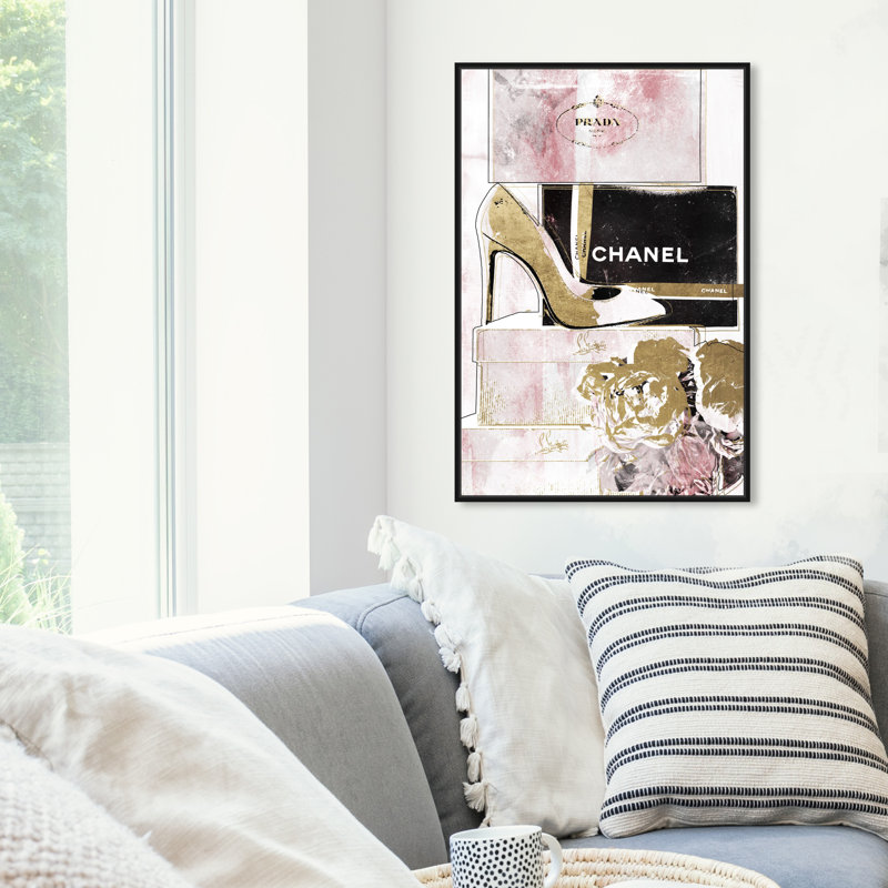 " Luxury Stacked Shoes Rose ", 36" H x 24" W, Black Framed