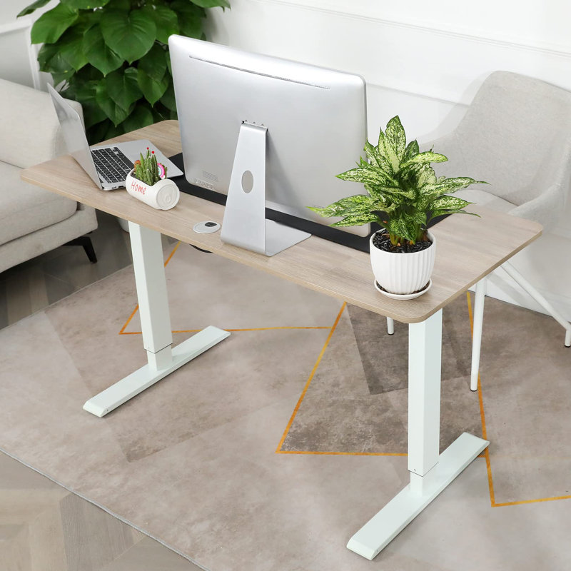 Huben Height Adjustable Curved Gaming Standing Desk, Beige/White, 27" H x 55" W x 24" D