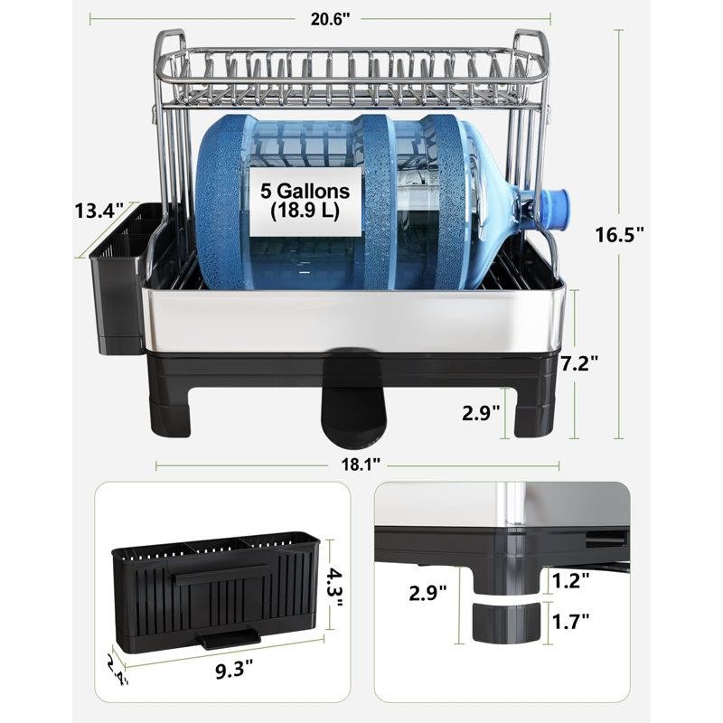 2 Tier Large Stainless Steel Dish Drying Rack with Drain Board, Space Saving, Rust Proof Metal, Automatic Drainage Drainer for Kitchen Counter, (Silver)