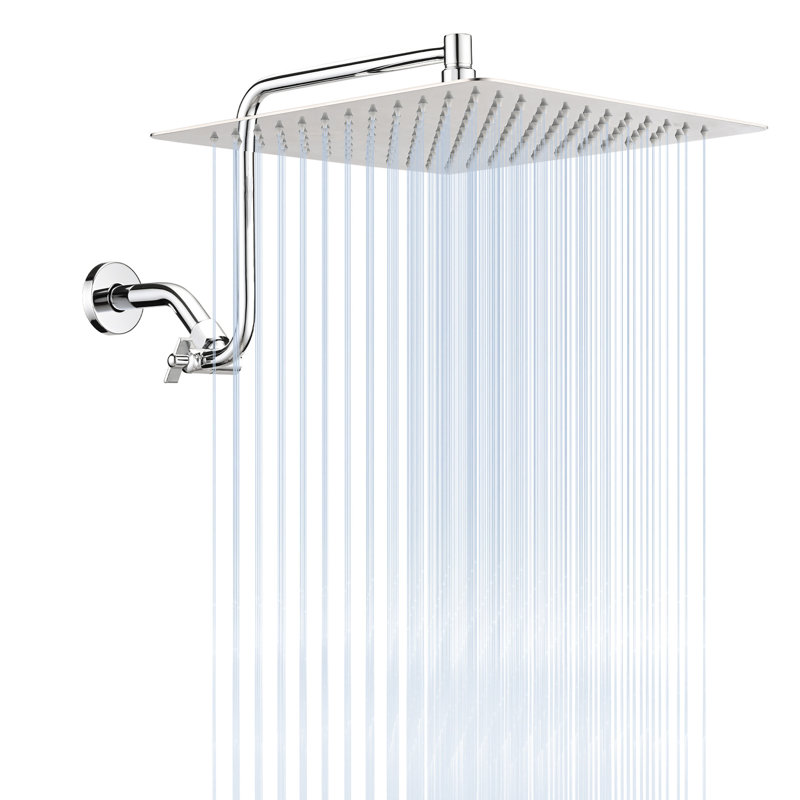 12" Square Showerhead With Adjustable Arm - Stainless Steel Construction, Self-Cleaning, Bathroom Accessory 12 Inch Rain Shower In Steel, Full Body Coverage, Wall Mounted Fixture