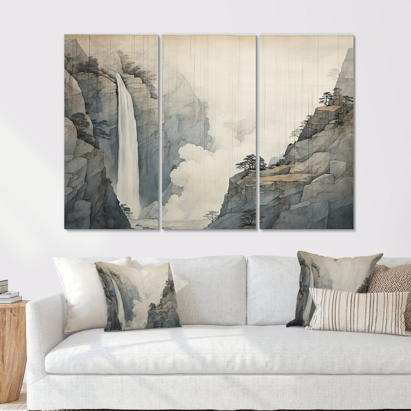 Beige et gris Simple Cliff Waterfall I - Ensemble de décoration murale cascade, Toile tendue, H 40 po x l 60 po x P 1 po