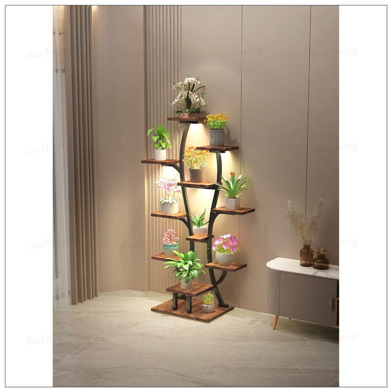 Support pour plante d'intérieur avec lumières de culture à spectre complet, étagère en forme d'arbre en métal pour la maison et le patio, support à vases multifonctionnel