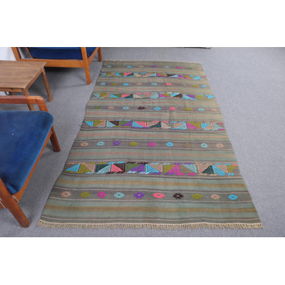 Vintage Green Turkish Kilim Rug - Boho Chic Patterned Kilim for Living Room Decor