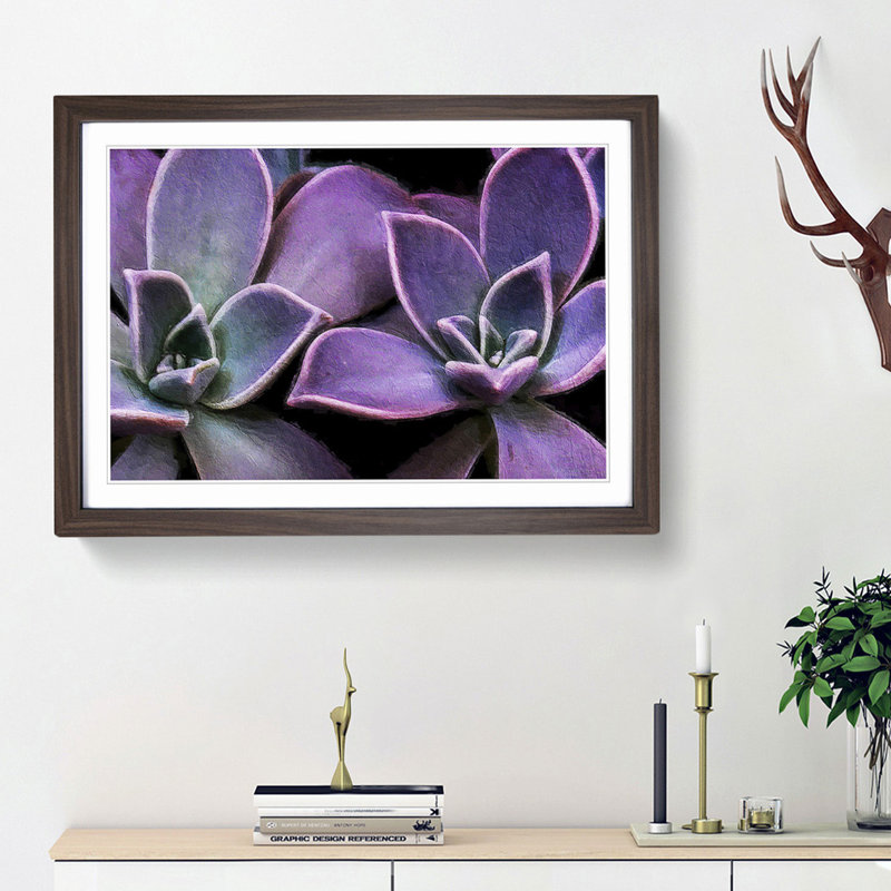 Lilac & Green Succulent Plant - Picture Frame Painting Print, Walnut Framed, 27cm H x 36cm W x 2cm D
