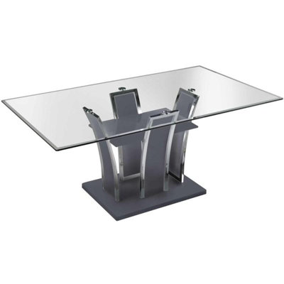 Austin Gray & Chrome Glass Top Pedestal Base Dining Table Seats 6