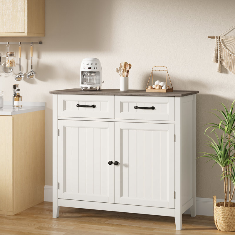 32'' Sideboard with Two Drawers & Adjustable Shelves for Kitchen or Living Room, Gray/White