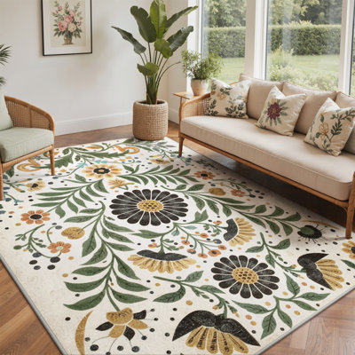 Tapis lavable à la machine à motif floral rétro gris et bleu Clermont