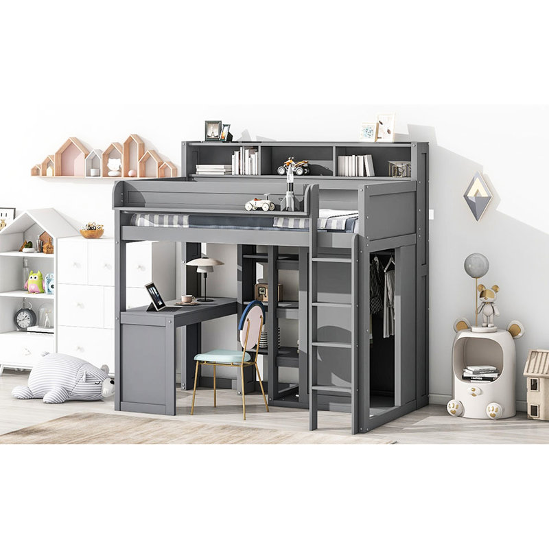 Twin Size Wood Loft Bed With Shelves, Wardrobe & Built-In Desk, Gray Bed, - With Ample Storage And Firmness, Gray