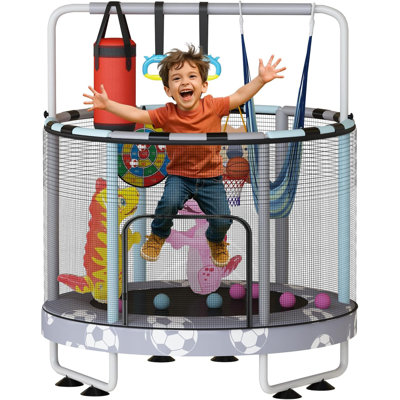 Football Pattern Gray Reinforced Trampoline: Trampoline Frame With Straps, High-Strength Anti Rust Springs, Gymnastics Stick Double Lock Armrests
