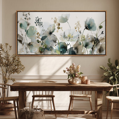 Grand art mural encadré sur toile - Élégant décor floral neutre avec accents dorés - 60 po x 20 po, 60 po x 30 po