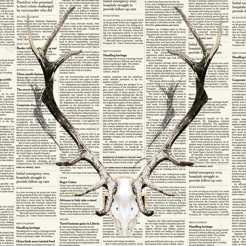 Toile rustique avec des animaux bruns | Cornes de cerf sur un décor de journal, H 24 po x l 24 po