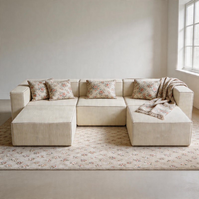 Boneless 108" Luxury Corduroy Sofa Compression Module Sofa Deep Couch With Two Ottomans, Modern Minimalist Upholstered Couches, Comfort U Shaped Sofa for Living Room, Deep Seat Corner Couch, No Assembly Required