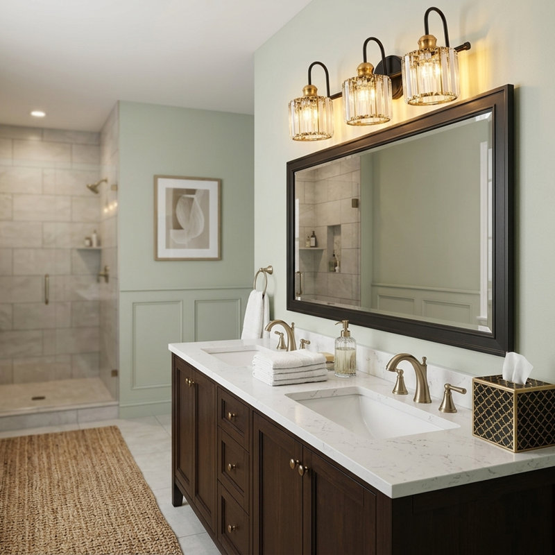 Gjystina 3-Light Dimmable Gold-Black/Chrome Crystal Vanity Light, Black/Gold, 3 Lights