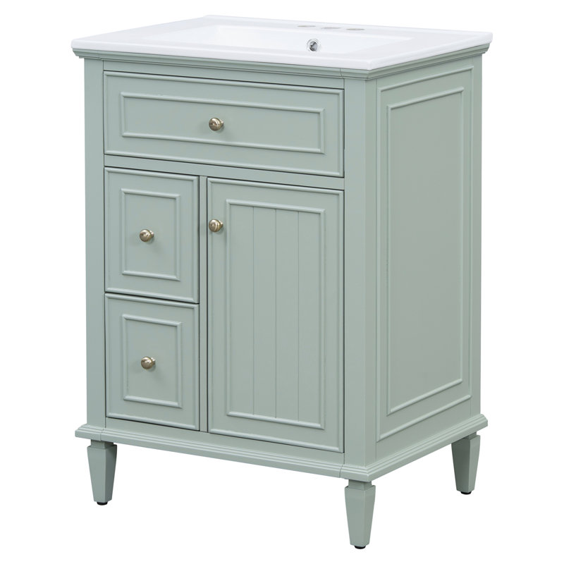Meuble-lavabo 24 po avec lavabo, meuble-lavabo avec un tiroir rabattable et deux tiroirs, tablette réglable, bois massif et panneau de fibres à densité moyenne, vert