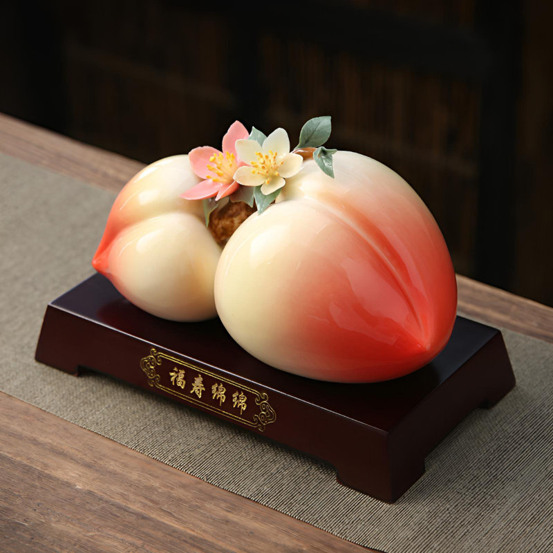 Artistic Longevity Peach Ornament – Delicate Ceramic Sculpture With 3D Bloom Carving