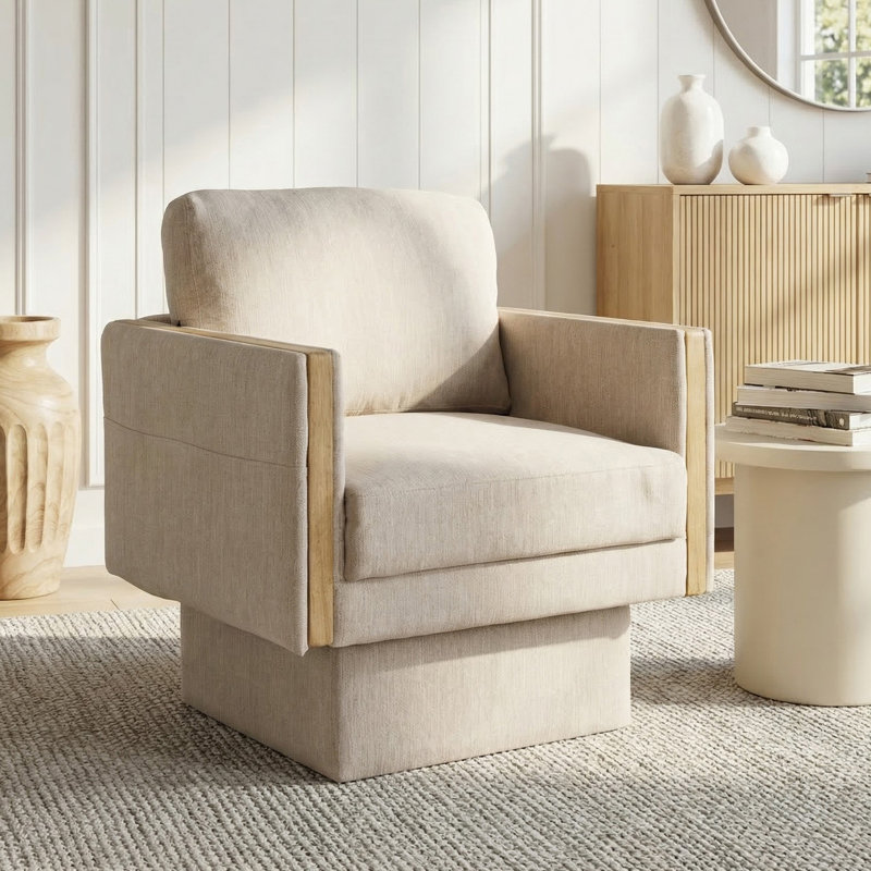 Chaise d'appoint rembourrée moderne avec accoudoirs en bois, Beige