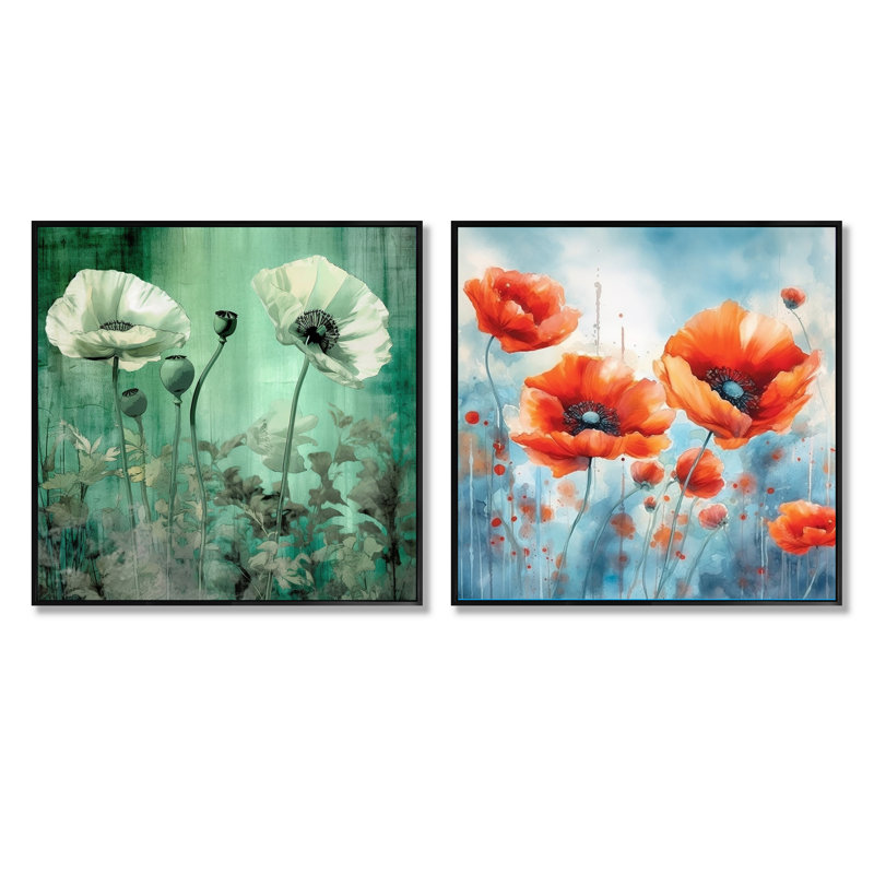 Ensemble de 2 coquelicots rétro - collage carré floral, Cadre flottant noir, H 16 po x l 33 po