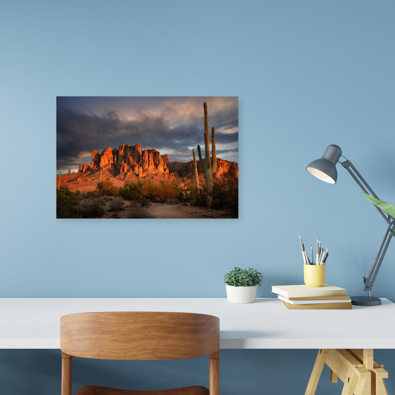 Saguaro Mountain Sunset Colorful Dramatic Serene Cactus Landscape Mountain Wall Art Print 1 Piece Wrapped Canvas Wall Art