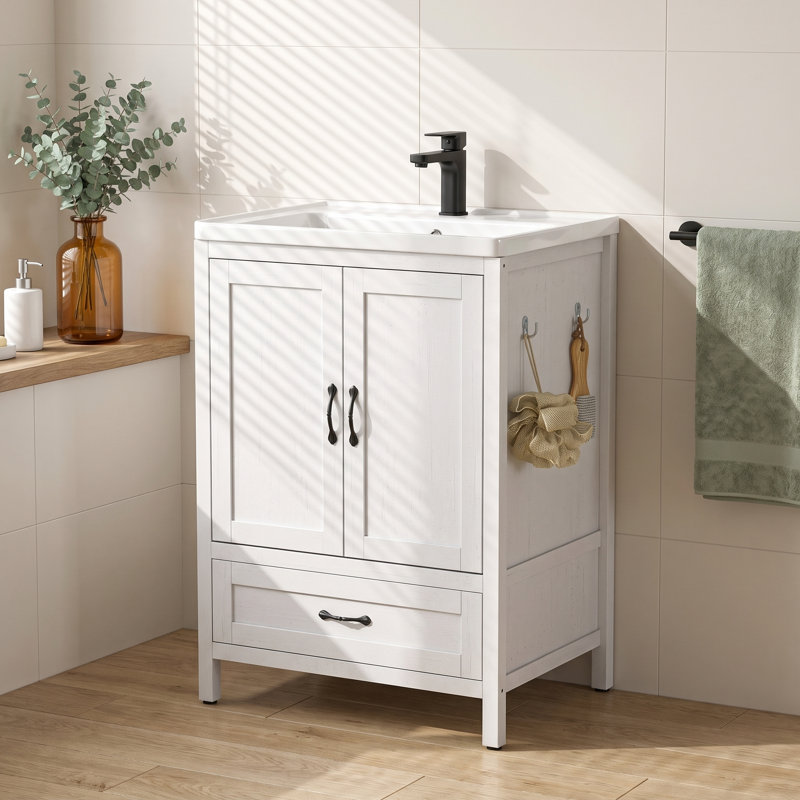 Armoire de meuble-lavabo autoportante avec tablettes réglables, porte double et tiroir, rangement au sol blanc pour la salle de bain