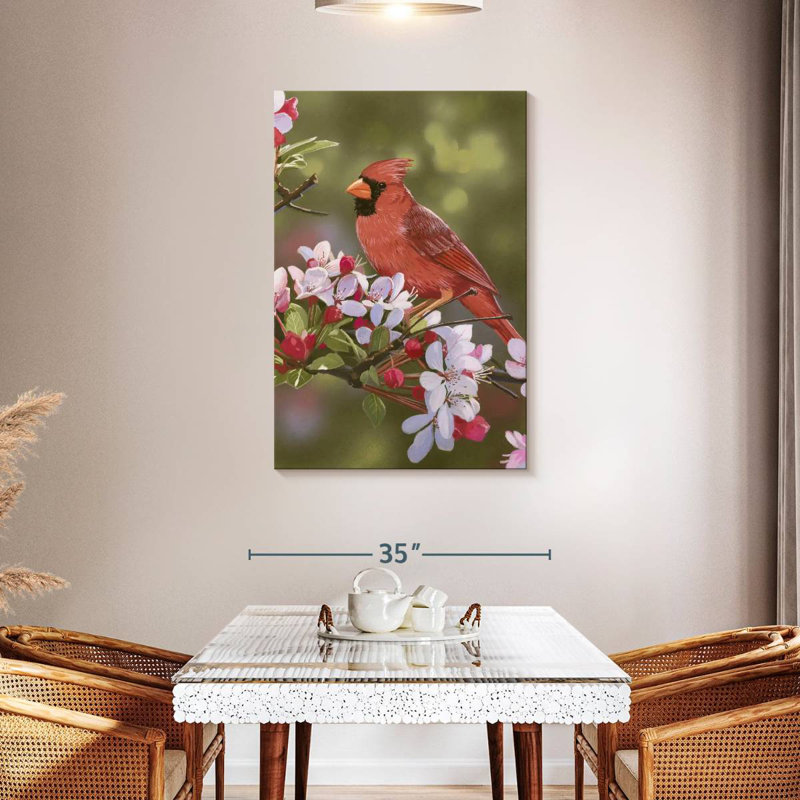 Brampt cardinal avec des fleurs de pommier, H 45 po x l 30 po