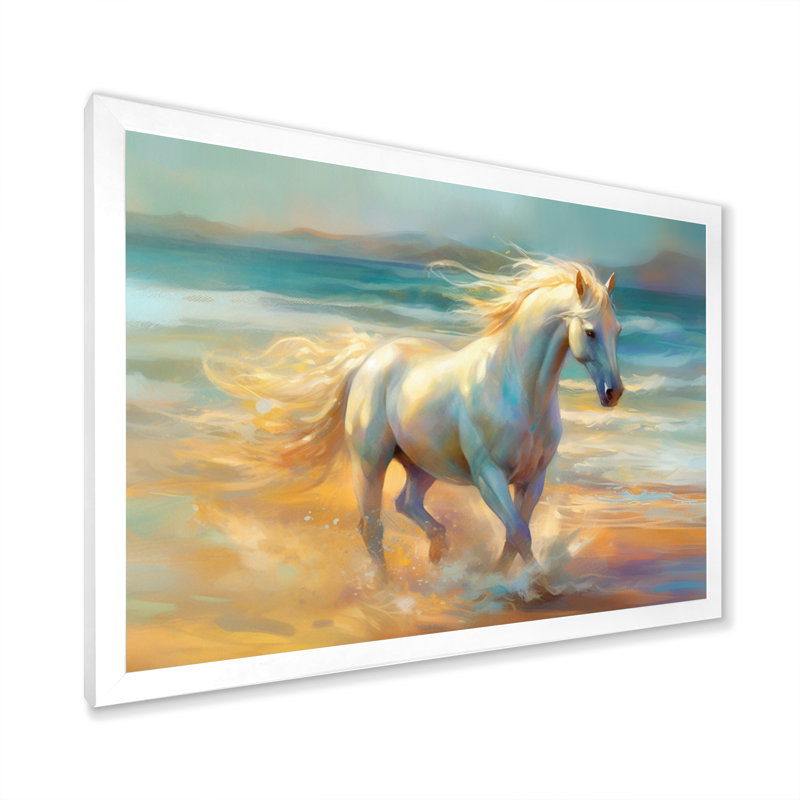 Cheval sur la plage I - art mural cheval, H 24 po x l 32 po x P 1 po, Cadre simple blanc