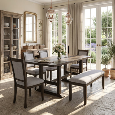 Extendable Dining Table Set with Upholstered Chairs and Bench, Rubberwood Trestle Base for 6, Versatile Kitchen Table Set