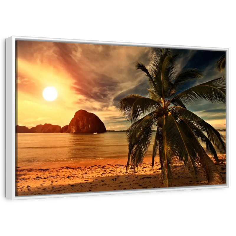 Coucher de soleil sur la plage chaude, Cadre flottant blanc, 19 po x 13 po