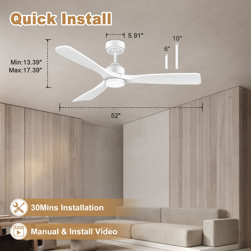 Ventilateur de plafond en bois intelligent 52 pouces 3 pales avec lumière, télécommande et contrôle Alexa WiFi, intérieur / extérieur, à intensité variable, moteur à courant continu silencieux