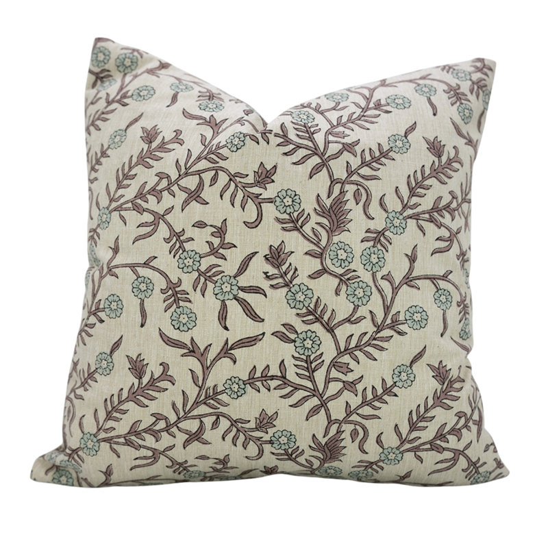 Couvre-oreiller décoratif Artisan, Carrée, Brun / floral bleu clair, H 26 po x l 26 po