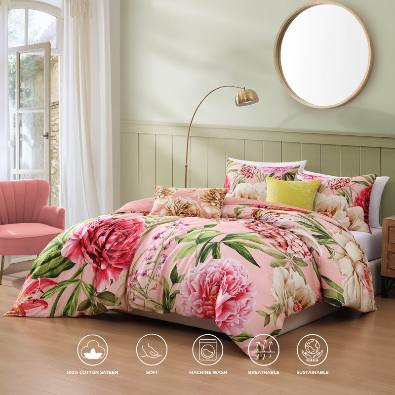 Queen Pink Cotton Reversible Floral Comforter Set