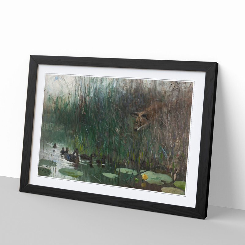 Fox Stalking Ducks by Bruno Liljefors - Picture Frame Painting, 48cm H x 65cm W x 2cm D, Black Framed